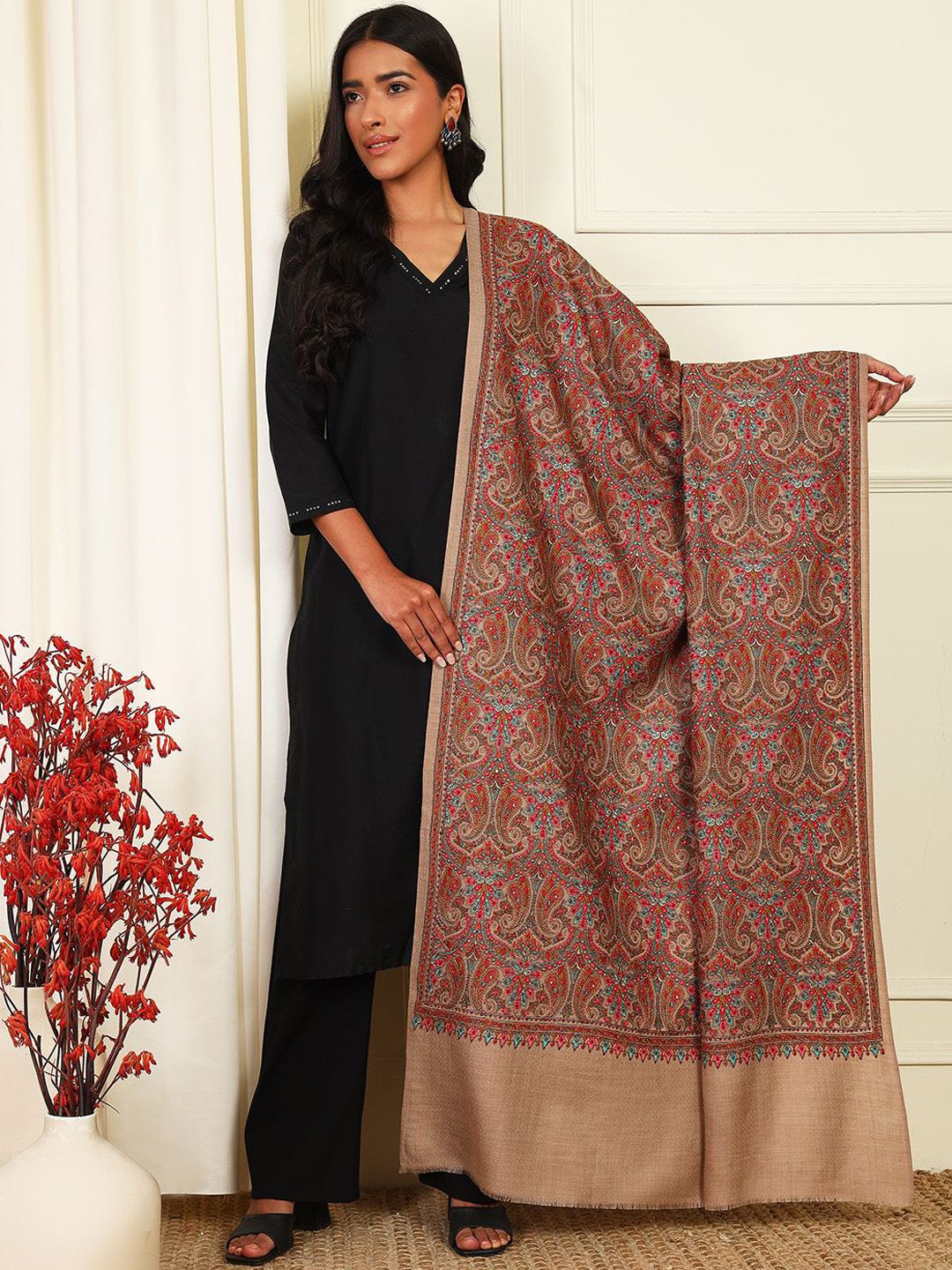 Pashmoda Paisley Embroidered Woollen Silk Shawl-picture-19