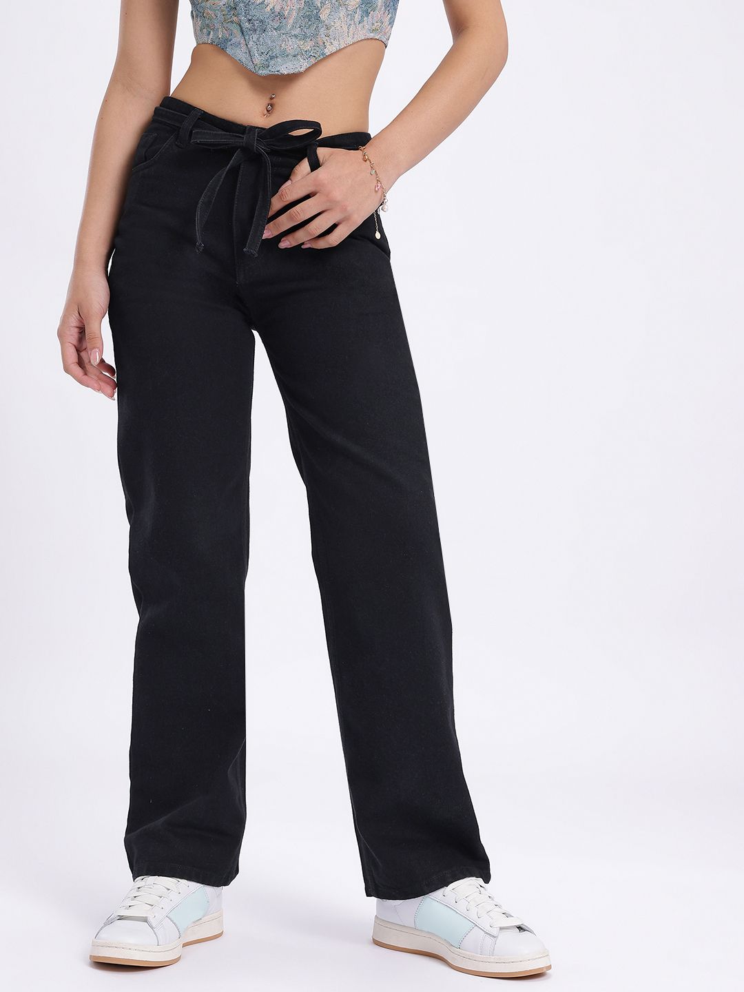glitchez Women Waist Tie-Up Straight Fit Jeans