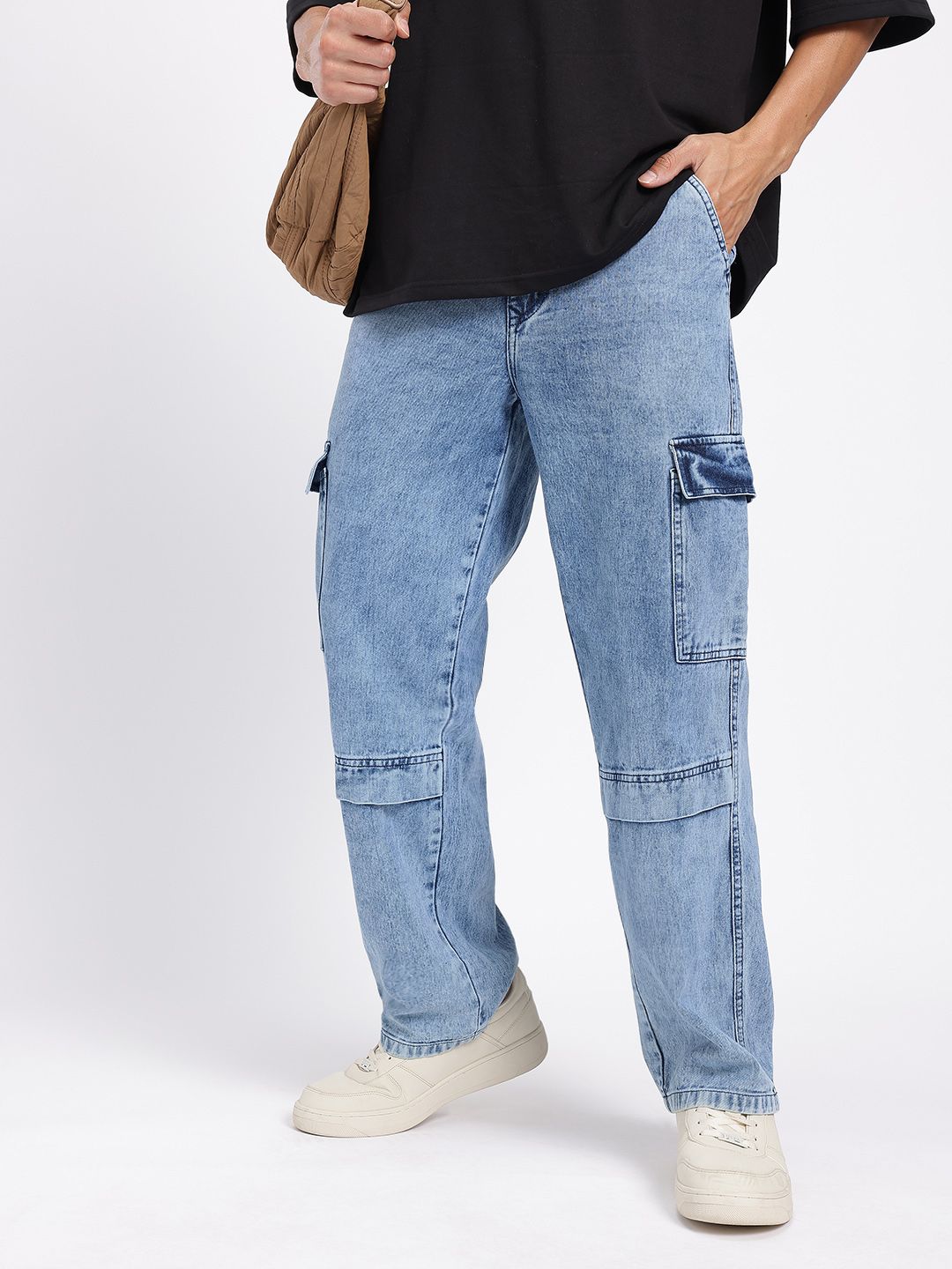 glitchez Men Mid-Rise Light Fade Pure Cotton Baggy Fit Cargo-Style Jeans-picture-20