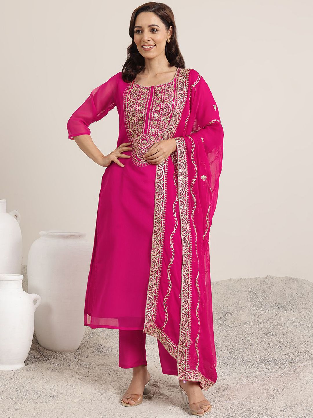 Libas Floral Yoke Design Round Neck Sequinned Straight Kurta With Trousers & Dupatta