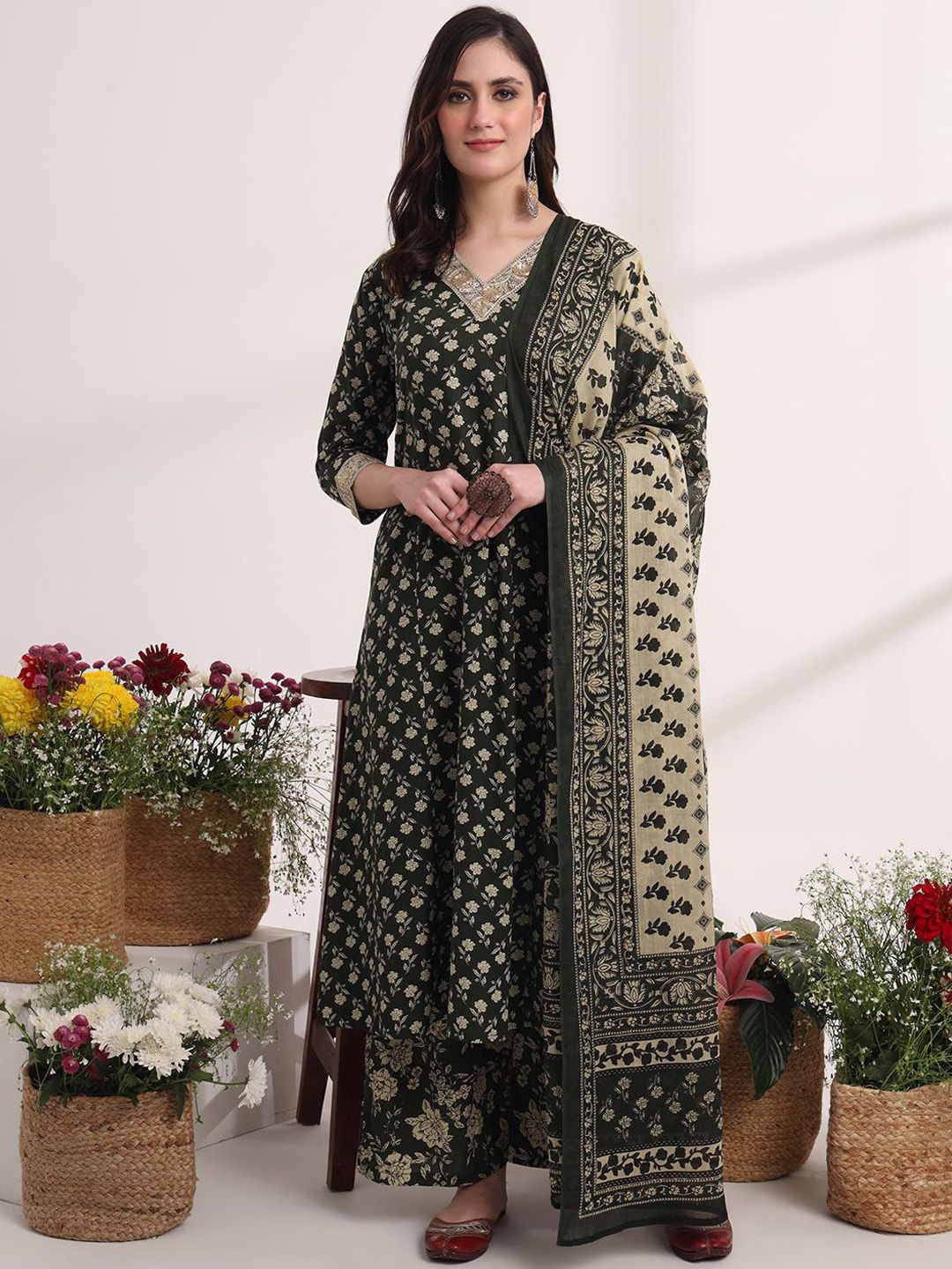 Mustard Printed Cotton A-Line Kurta With Palazzos & Dupatta