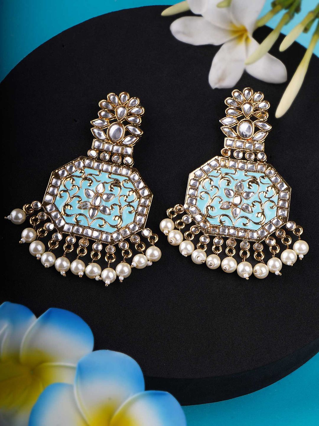 Adwitiya Collection Gold-Plated Stones Studded & Beaded Contemporary Shaped Drop Earrings-picture-12