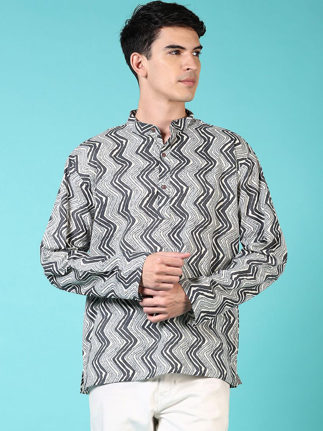 V-Mart Chevron Printed Band Collar Cotton Straight Kurta-picture-49