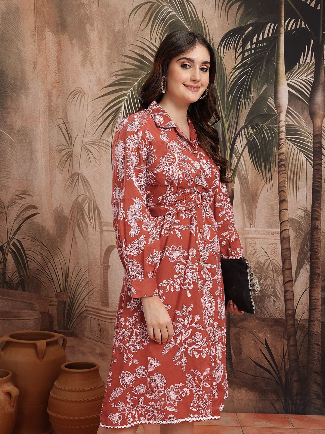 Sangria Floral Print Pure Cotton Twisted Wrap Ethnic Shirt Dress-picture-19