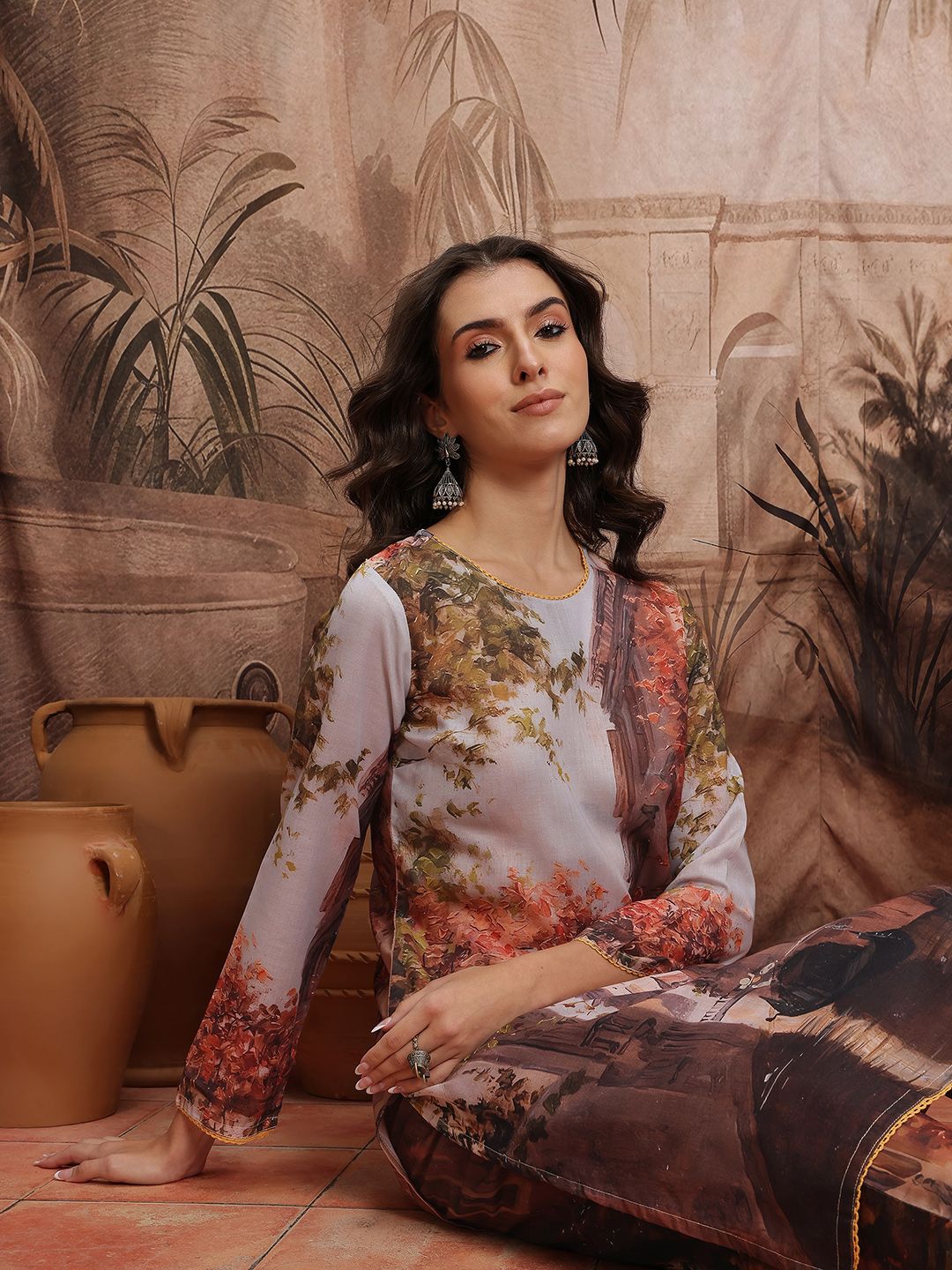 Sangria Floral Printed Round Neck Lace Insert Detail Regular Kurta with Trousers-picture-19