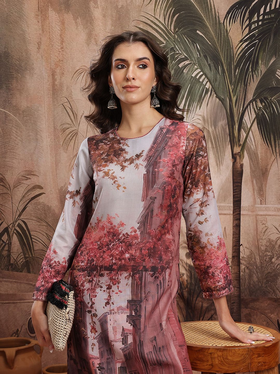 Sangria Floral Printed Round Neck Lace Insert Detail Regular Kurta with Trousers-picture-13