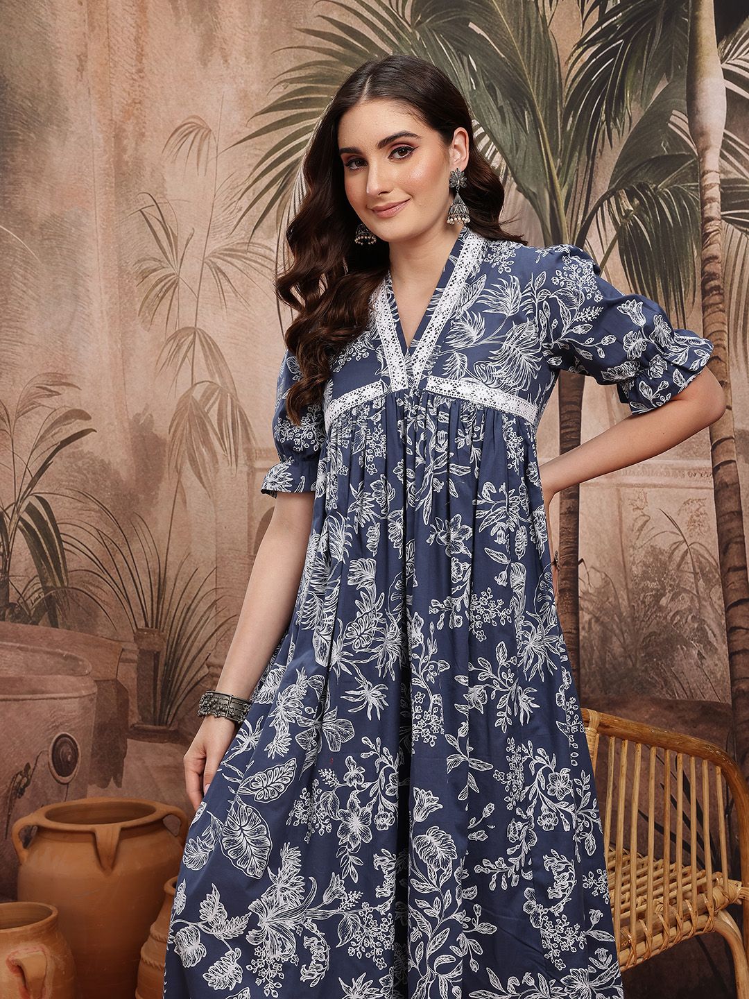 Sangria Floral Printed Empire Pure Cotton Ethnic Dress-picture-30