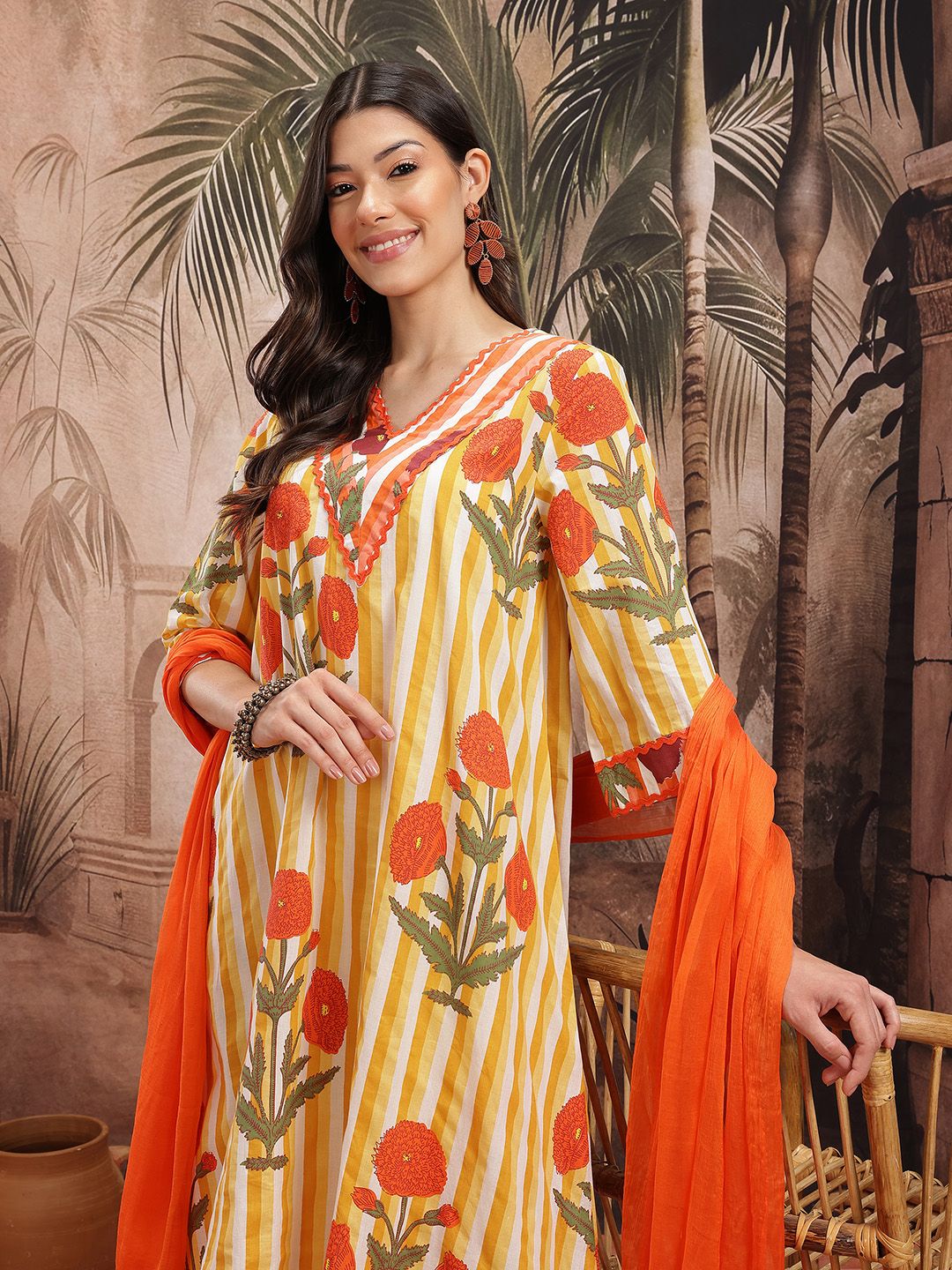 Sangria Women Floral Striped Pure Cotton Kurta with Palazzos & Dupatta-image-10