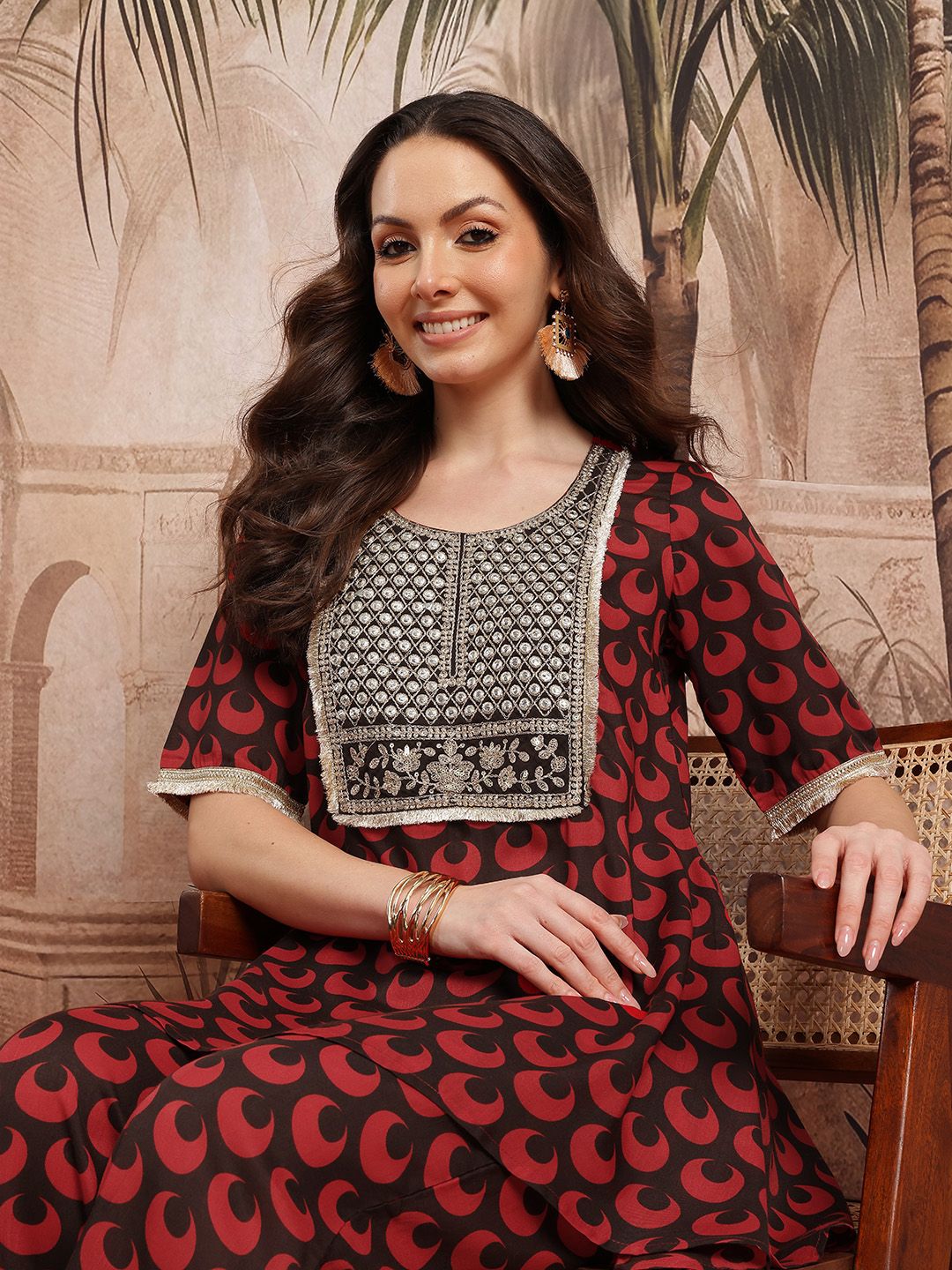 Sangria Geometric Printed Zari & Mirror Work Detail A-Line Kurti with Palazzos