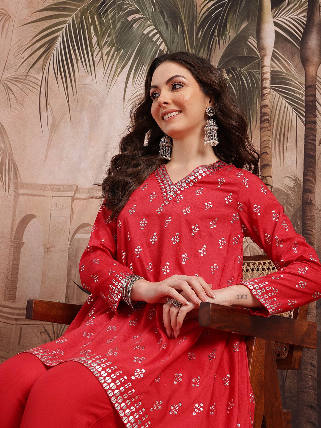 Sangria Women Ethnic Motifs Printed with Foil Technique Regular Kurta with Trousers