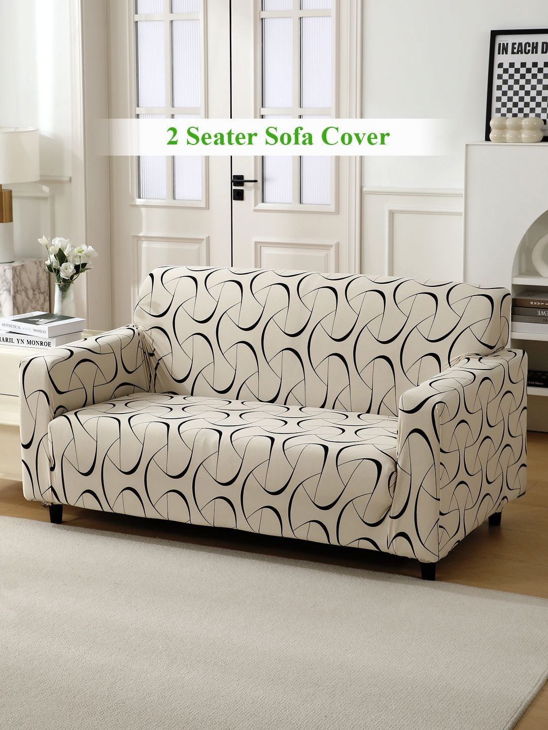 HOKIPO Beige & Black 2 seater Printed Polyester Sofa Cover-picture-18