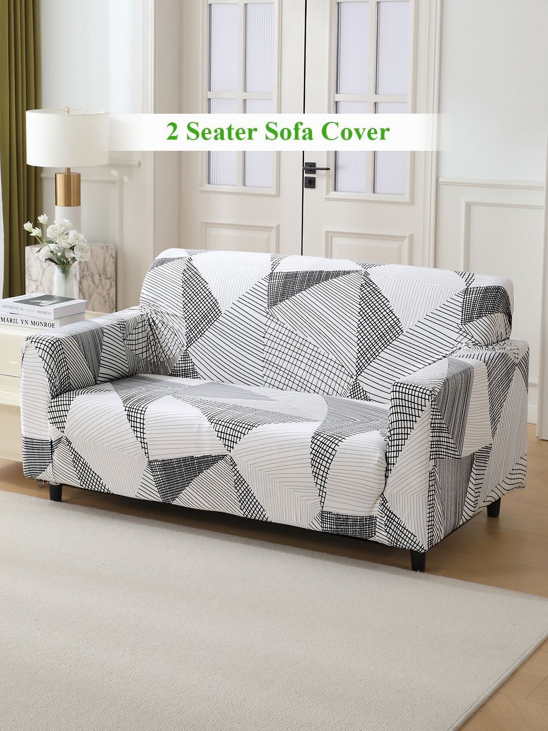 HOKIPO White & Black 2 seater Printed Polyester Sofa Cover-picture-37