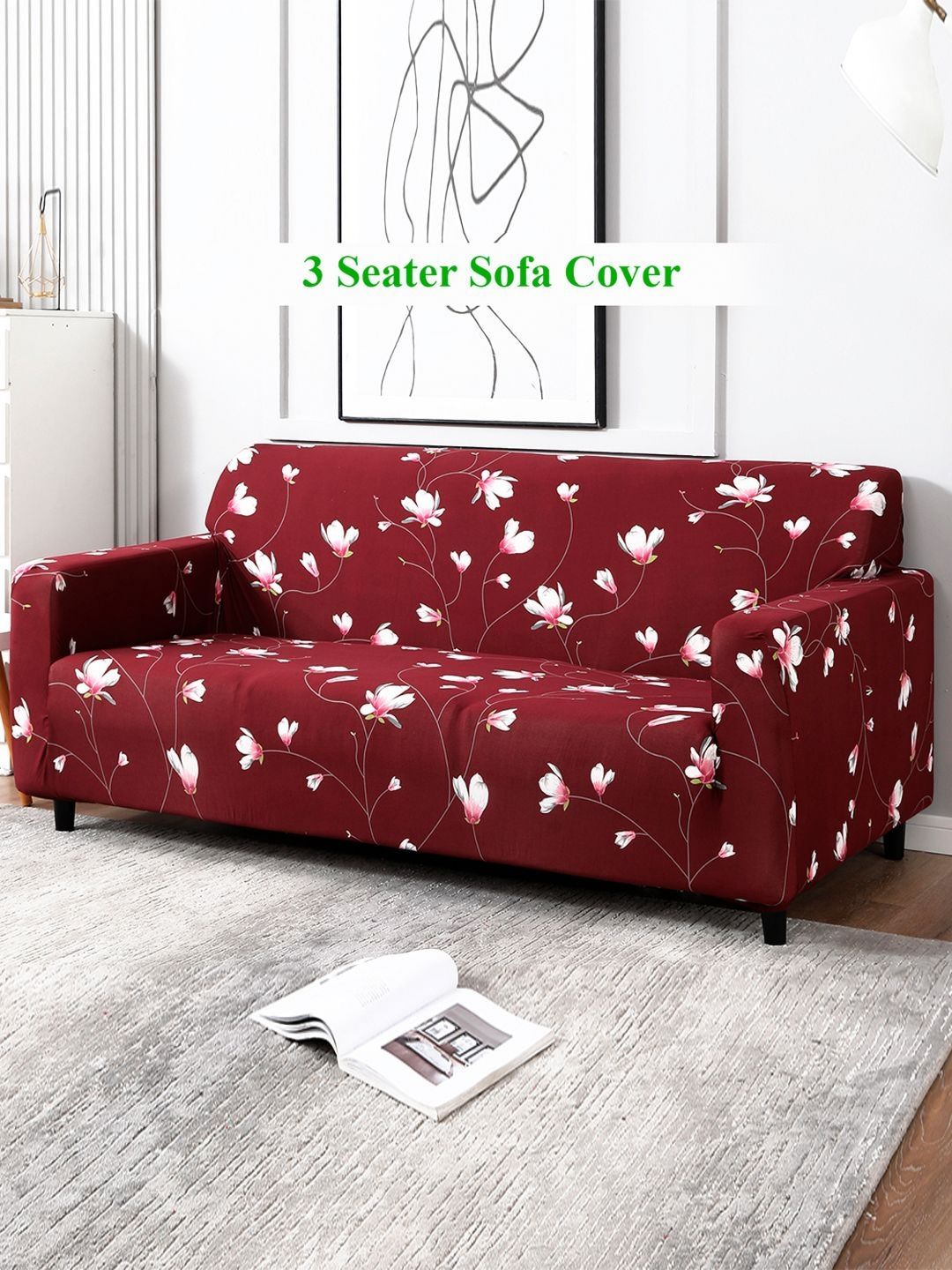 HOKIPO Maroon & White 3 seater Printed Polyester Sofa Cover-picture-21
