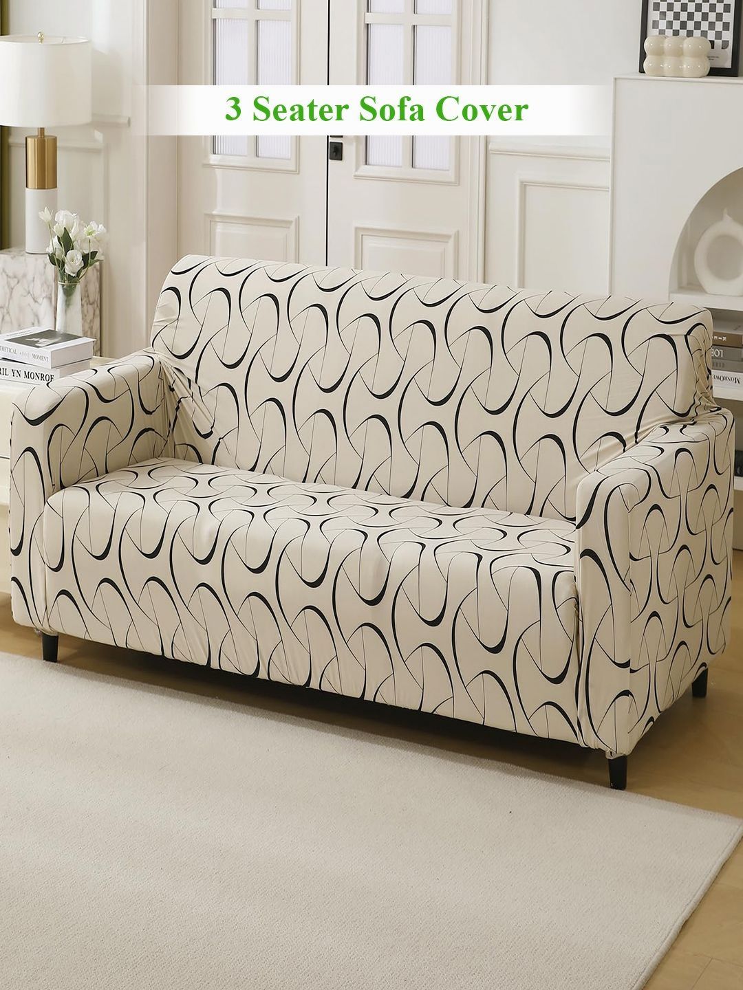 HOKIPO Beige & Black 3 seater Printed Polyester Sofa Cover-picture-5