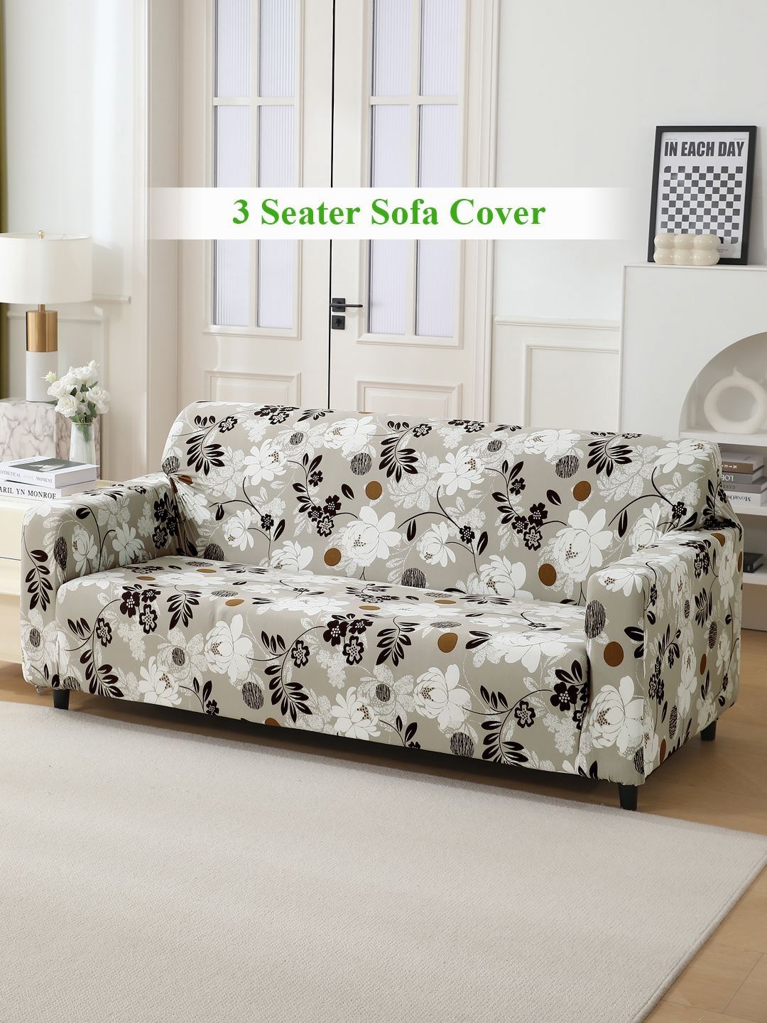 HOKIPO Grey & White 3 seater Printed Polyester Sofa Cover-picture-29