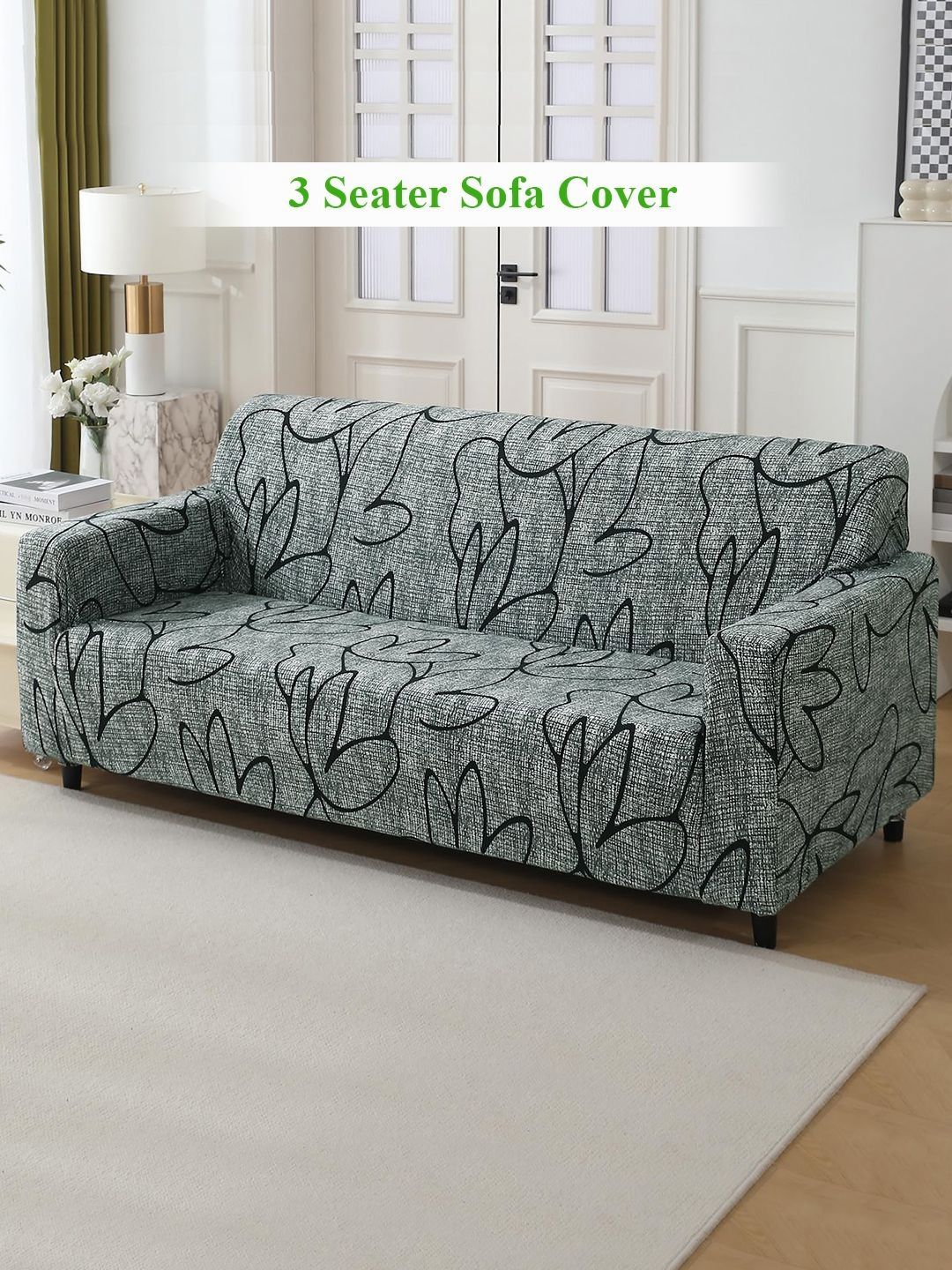 HOKIPO Grey & Black 3 seater Printed Polyester Sofa Cover-picture-14