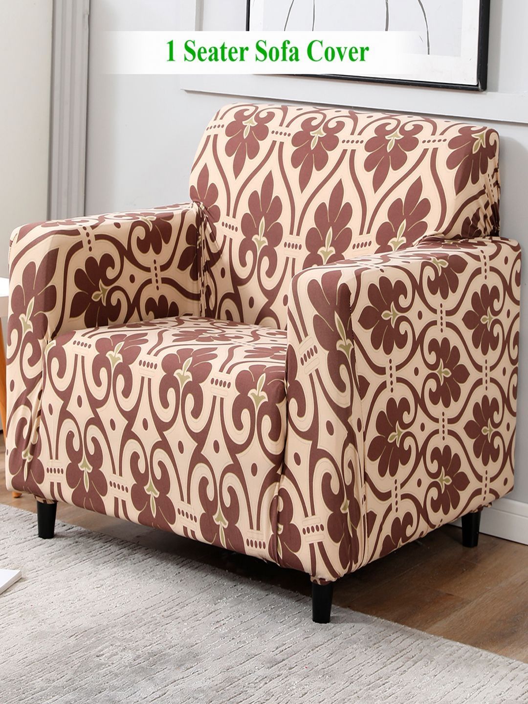 HOKIPO Beige & Brown 1 seater Printed Polyester Sofa Cover-picture-24