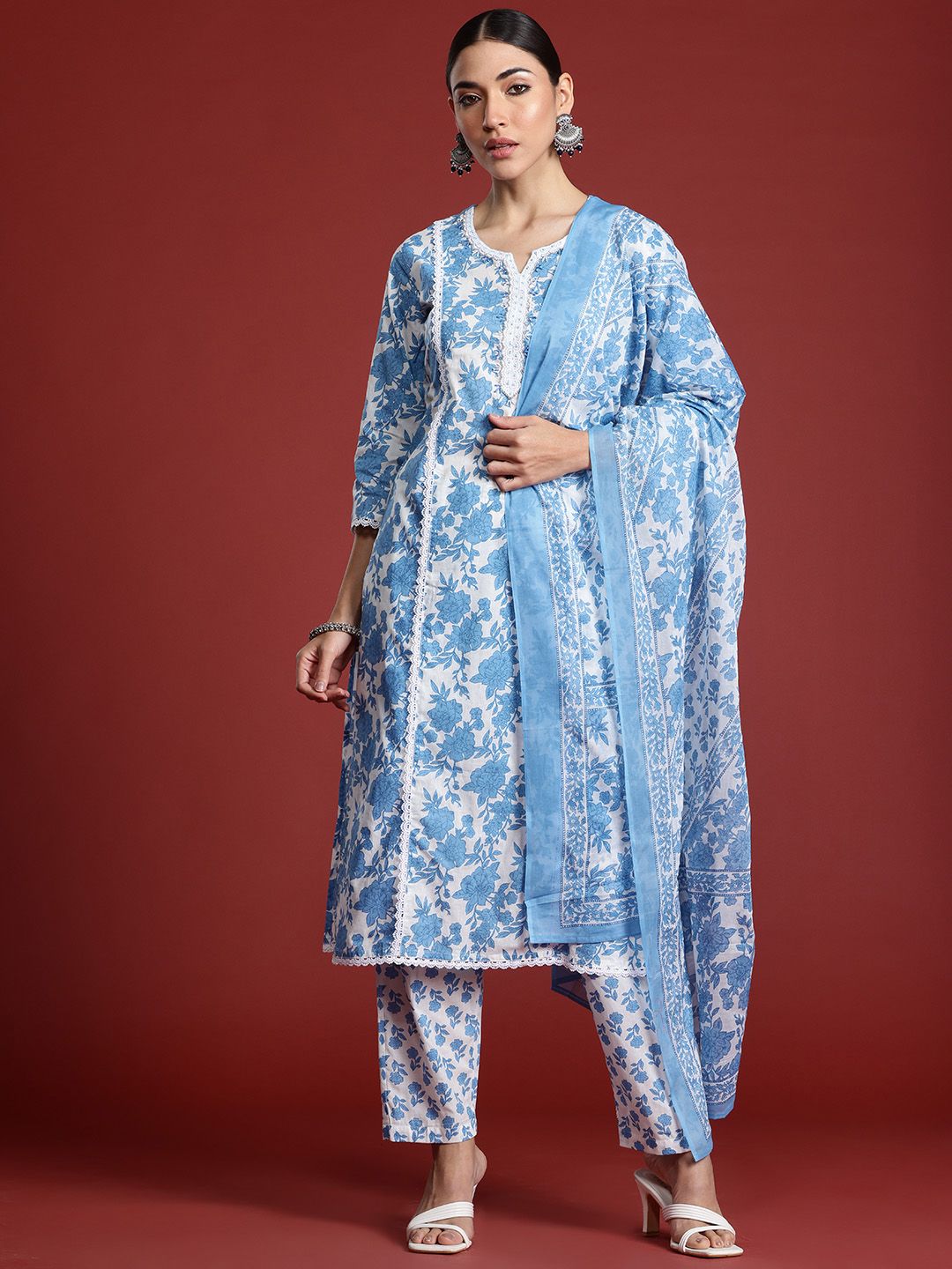 Indo Era Floral Printed Panelled Beads & Stones Pure Cotton Kurta With Trousers & Dupatta-picture-22
