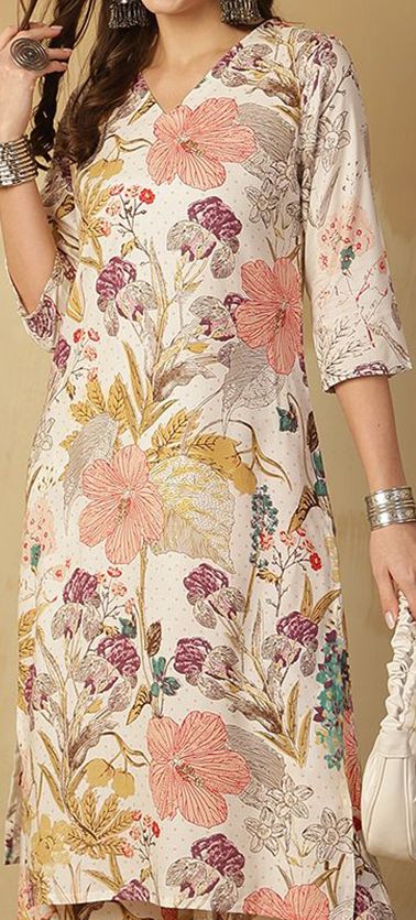 Cream Floral Printed V-Neck Kurta with Palazzo