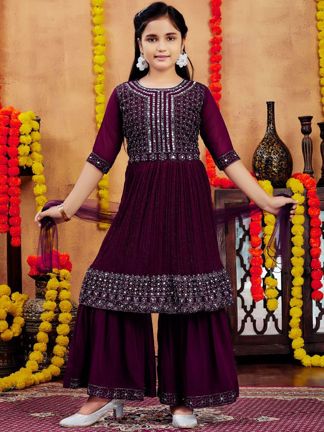 Sangria Girls Embroidered Straight Kurta Sharara With Dupatta