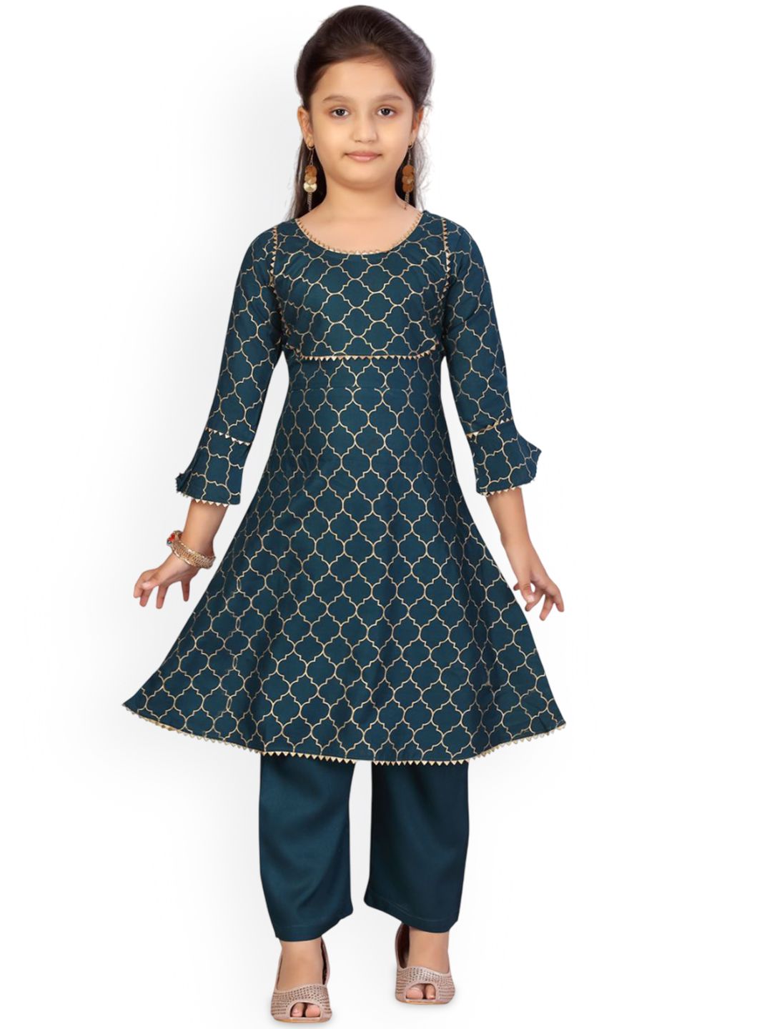 Sangria Girls Green Ethnic Motifs Printed Gotta Patti Pure Cotton A-Line Kurta & Palazzos-picture-19