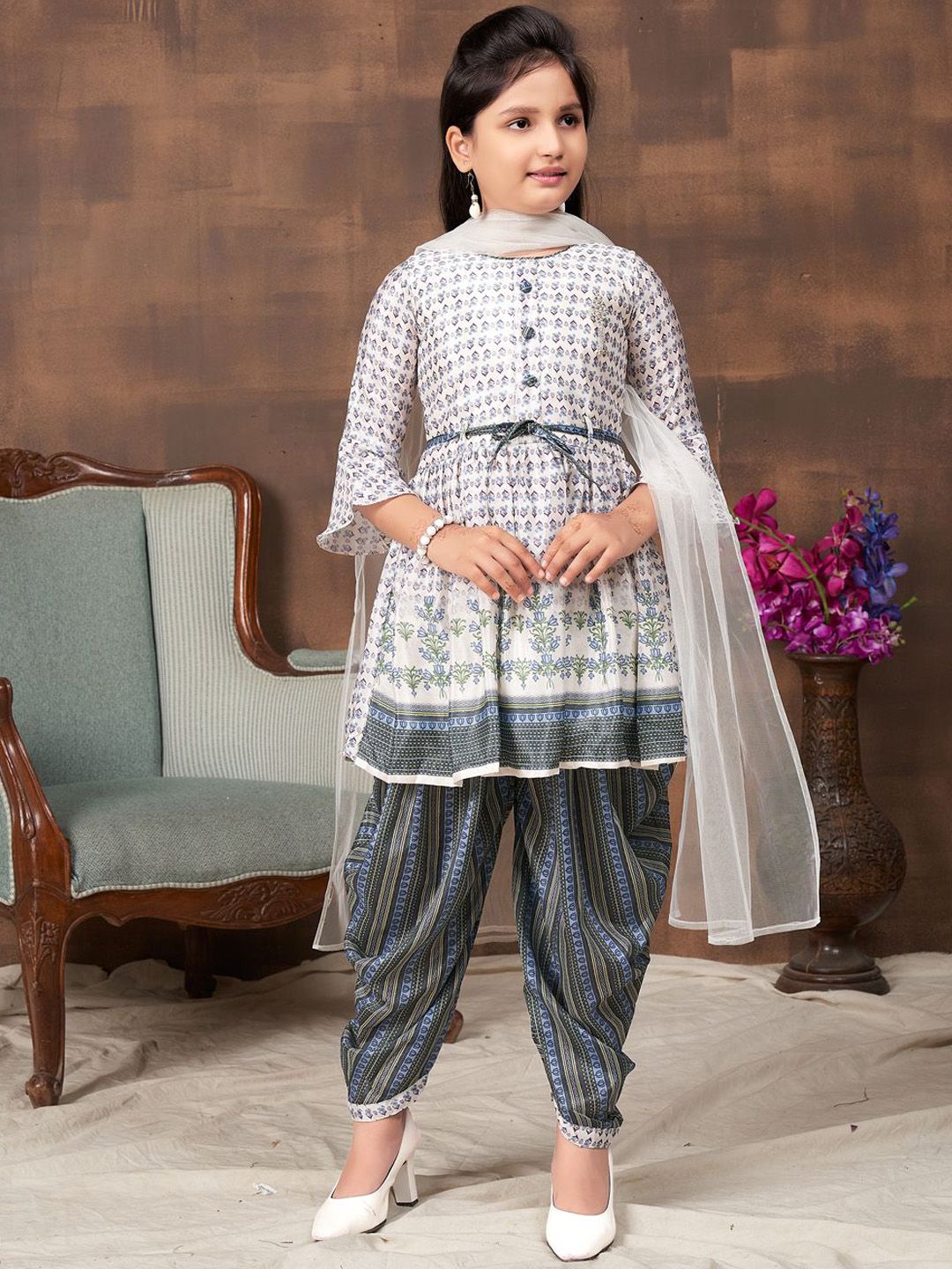 Sangria Girls Floral Printed Silk Kurti & Patiala With Dupatta-picture-26