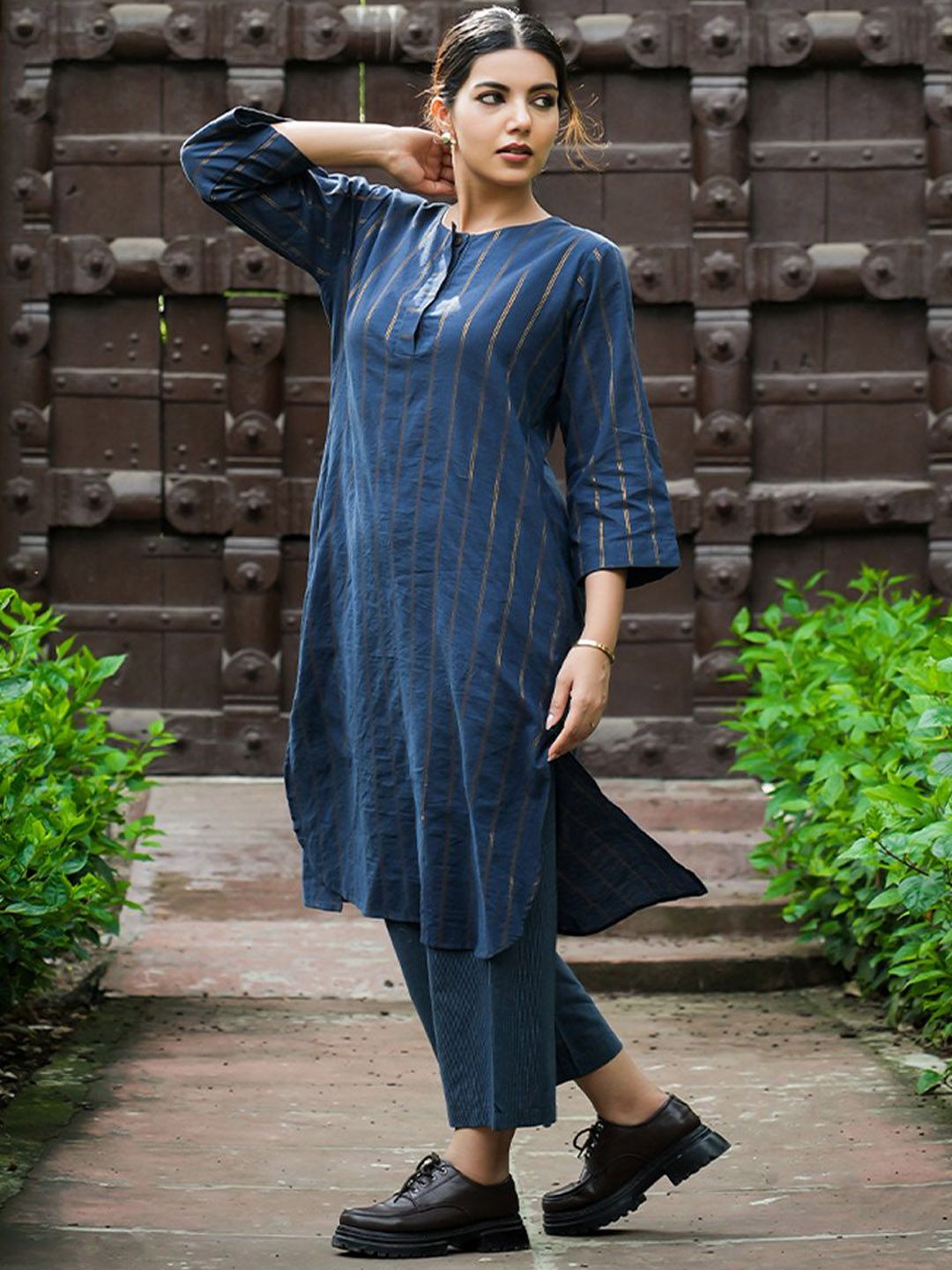Buy JITI Striped Round Neck Pure Cotton A Line Kurta With Palazzos ...