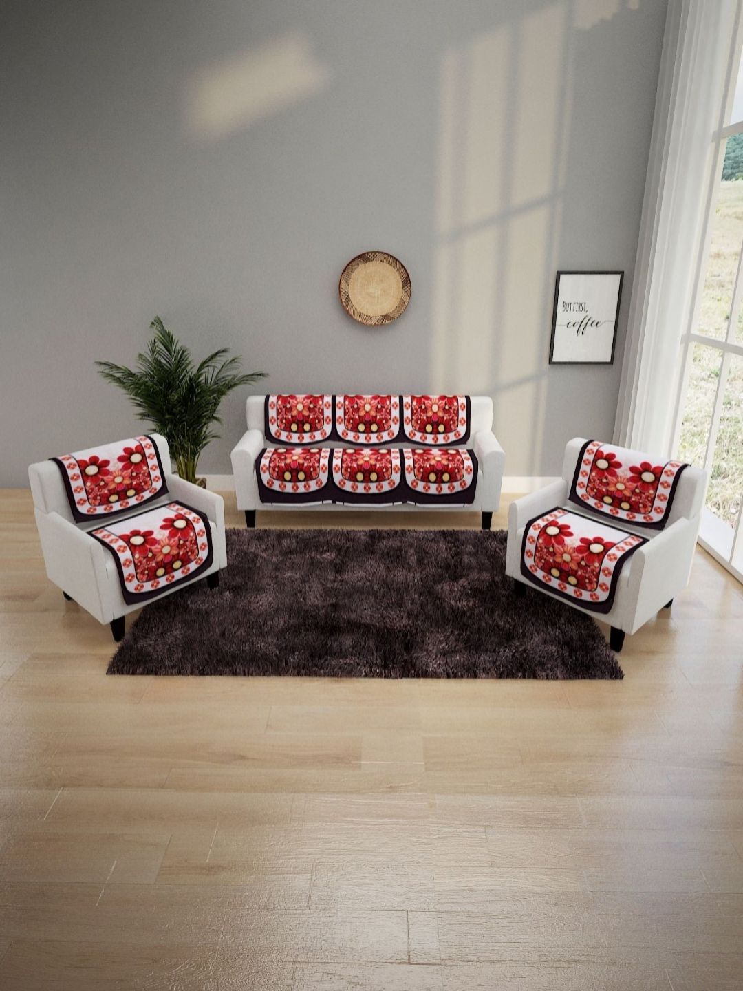 Aura Maroon & White Printed Polyester Sofa Cover-image-49