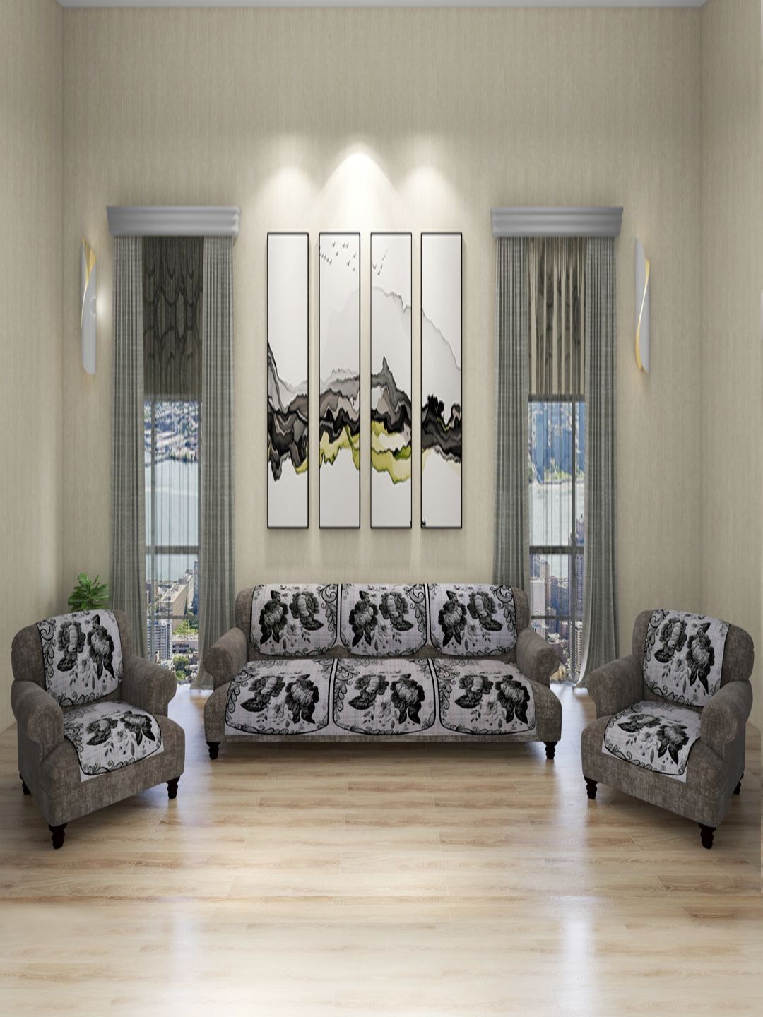 Aura Off White & Black Printed Velvet Sofa Cover-image-1