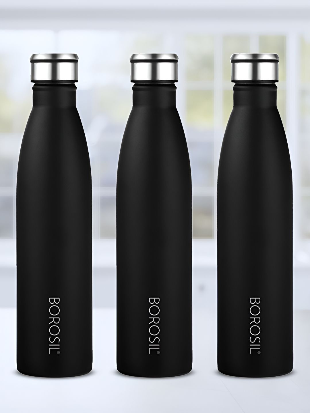 BOROSIL Black Set of 3 Stainless Steel Printed Water Bottle