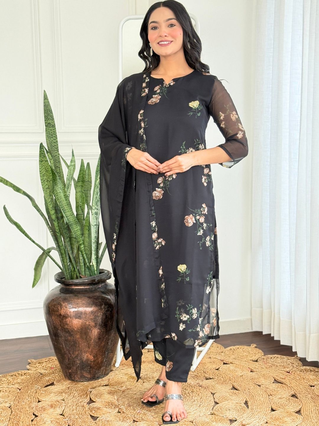 KALINI Floral Printed Notch-Neck Straight Kurta With Trouser & Dupatta
