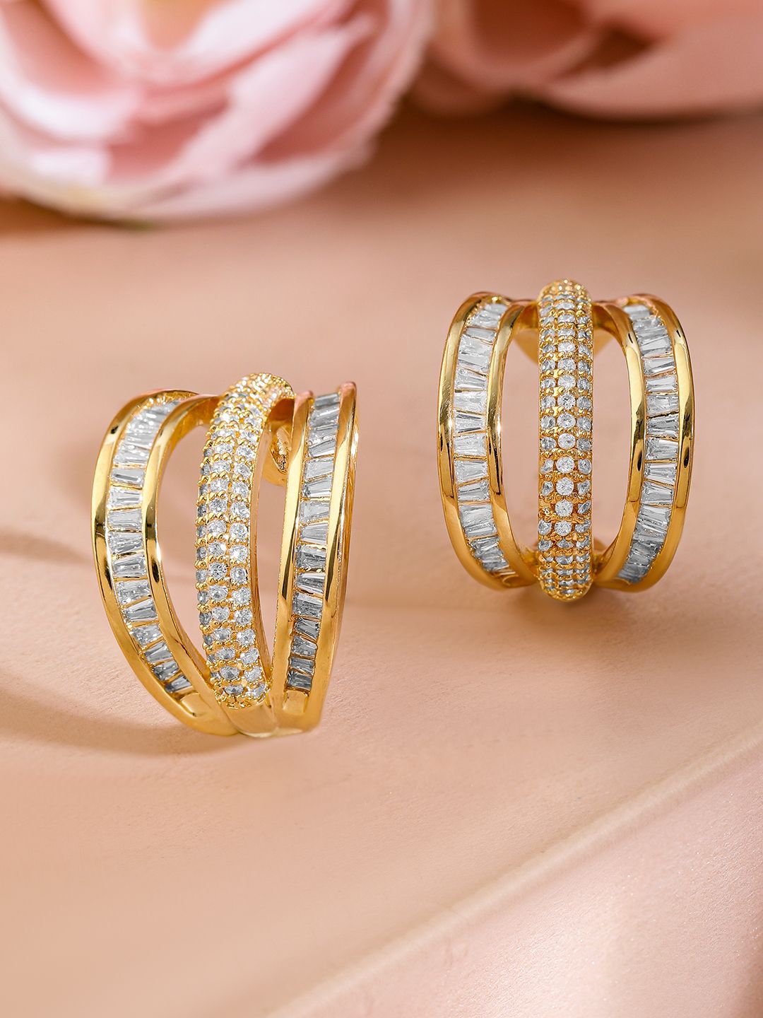 Rubans 18K Gold-Plated Cubic Zirconia Studded Triple Band Hoop Earrings-picture-15