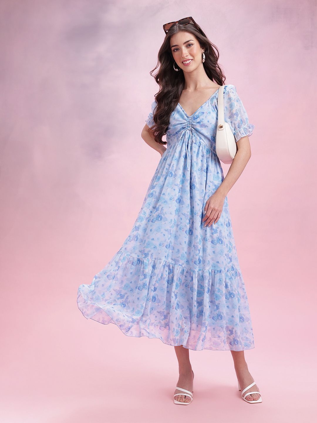 Buy DressBerry Floral Print Puff Sleeve Ruched A Line Maxi Dress ...