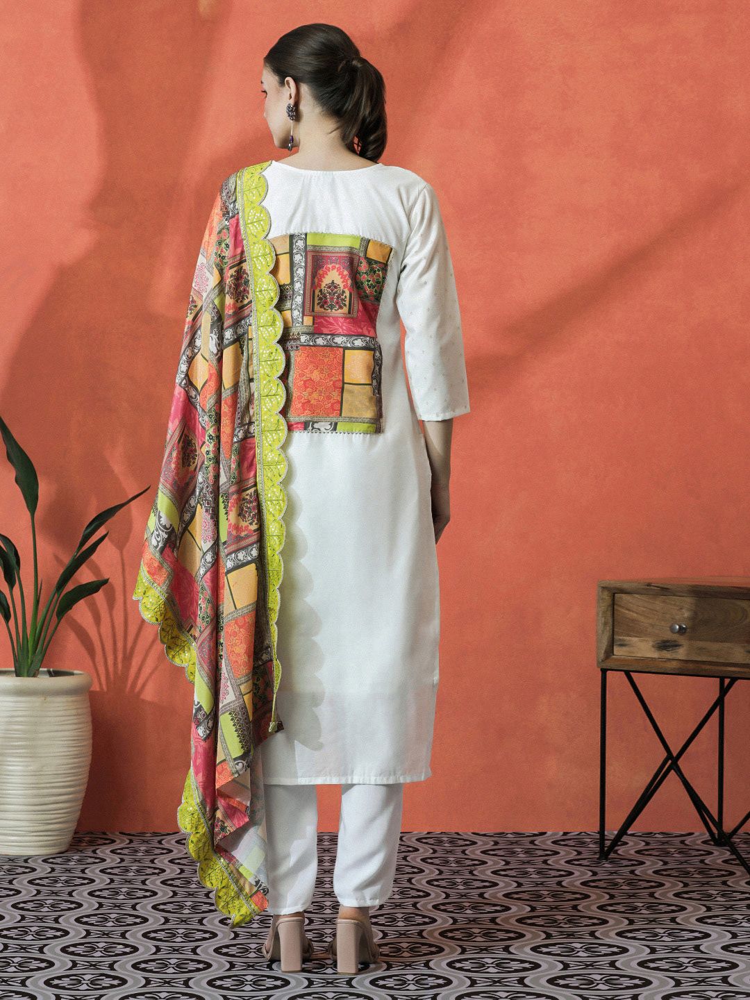 White Round Neck Black Beige Dupatta Kurta Set