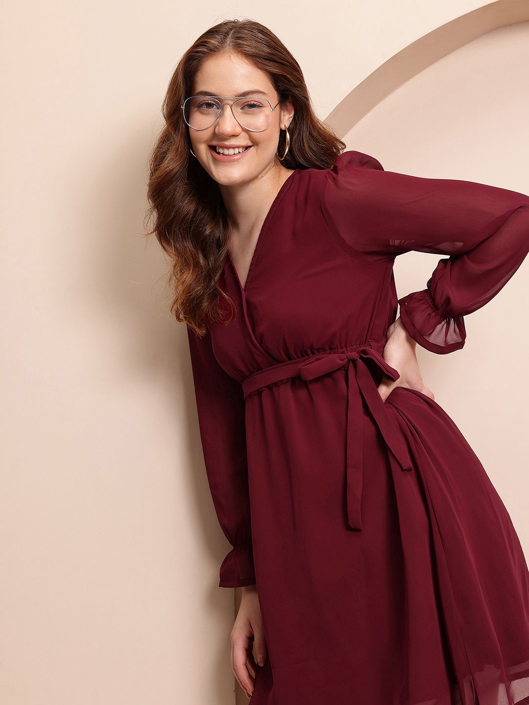 Mast & Harbour Puff Sleeves Wrap-Style Georgette Fit & Flare Dress with Belt