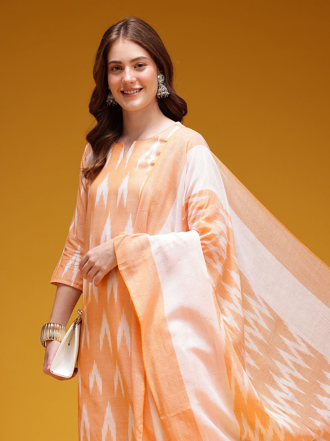 HERE&NOW Ikat Print Pure Cotton Kurta with Trousers & Dupatta-picture-17