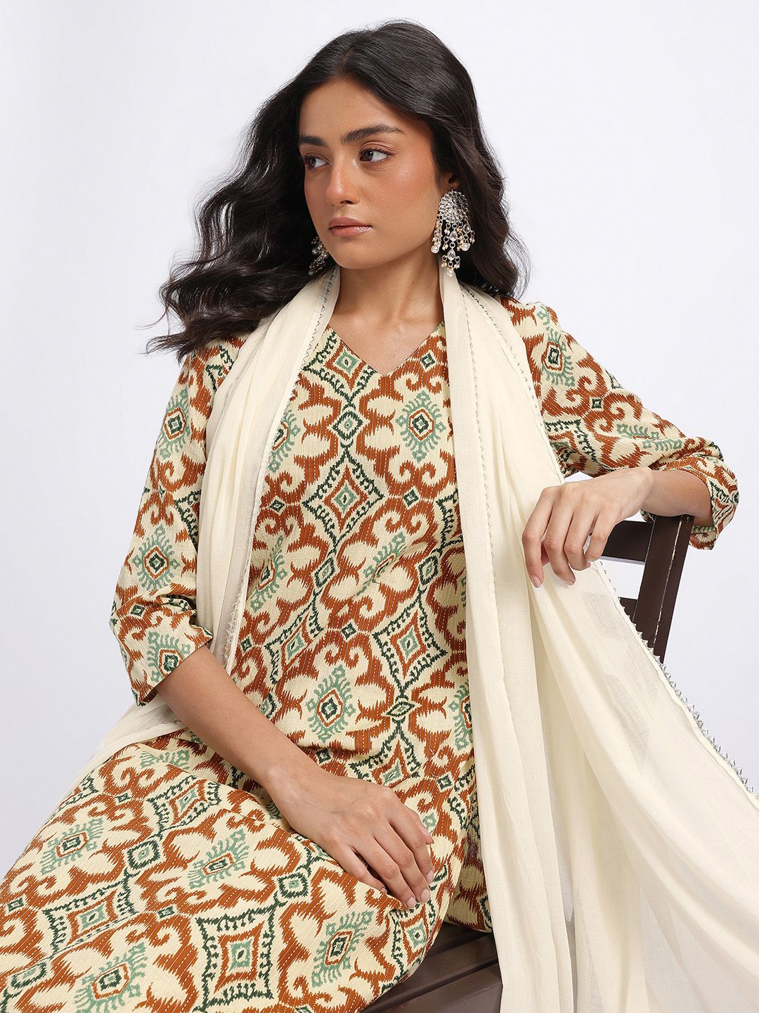 HERE&NOW Ethnic Motifs Printed Pure Cotton Straight Kurta with Trousers & Dupatta