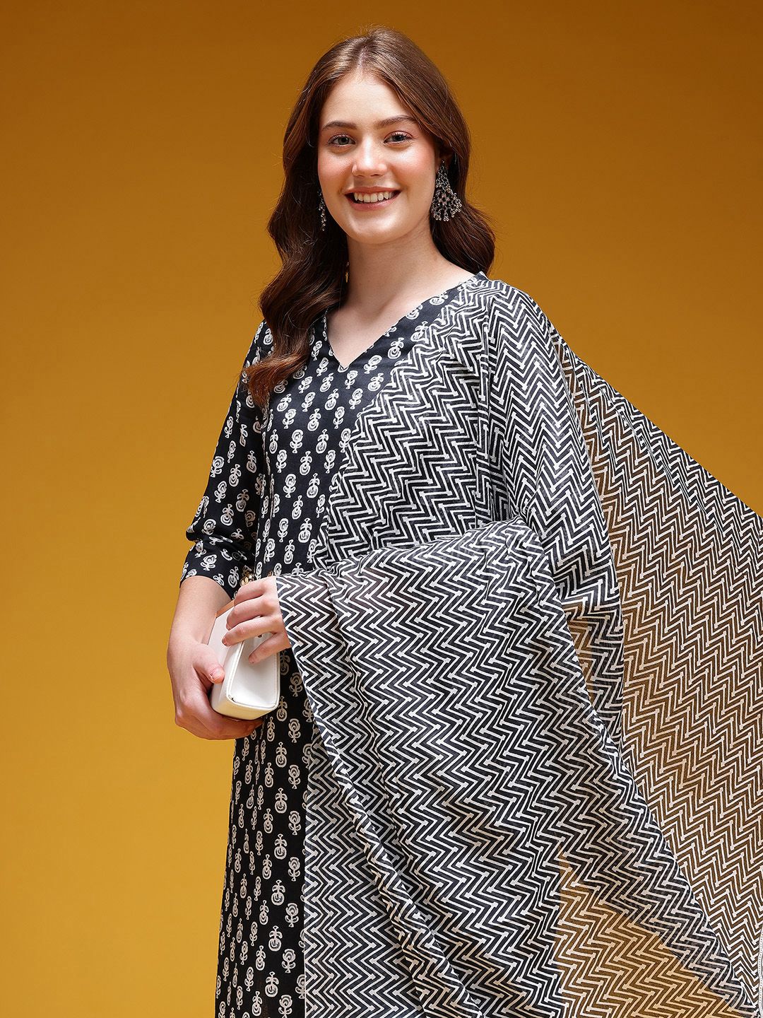 HERE&NOW Ethnic Motifs Printed Pure Cotton Kurta with Trousers & Dupatta