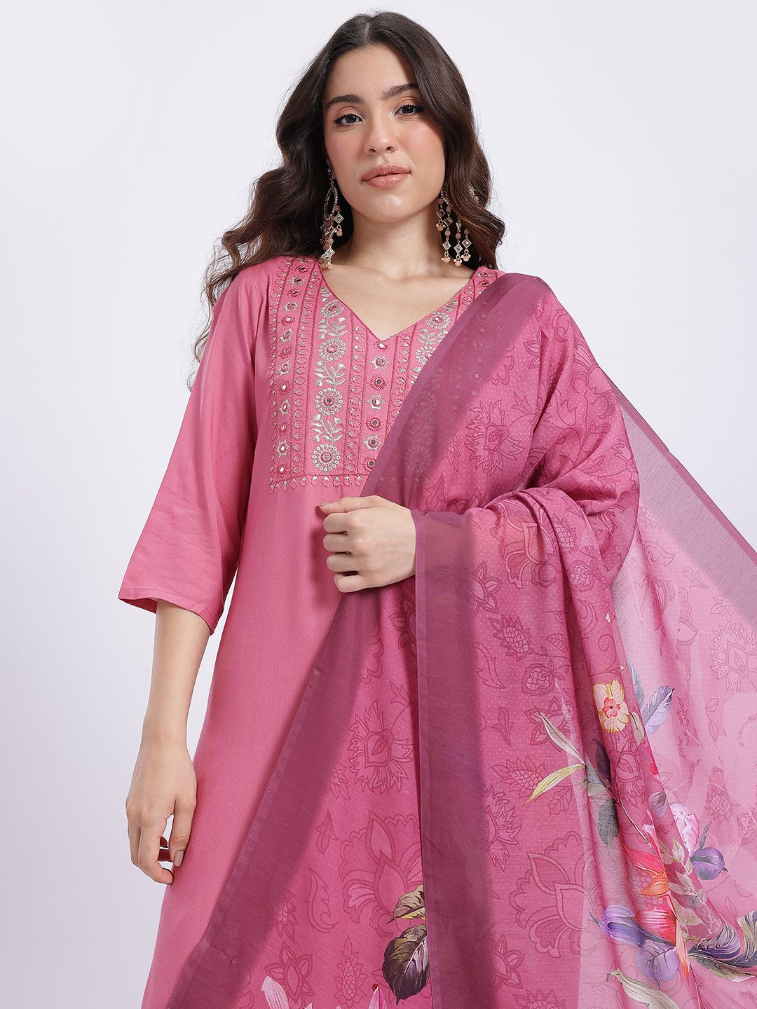 HERE&NOW Yoke Design Mirror Work Cotton Kurta with Trousers & Dupatta