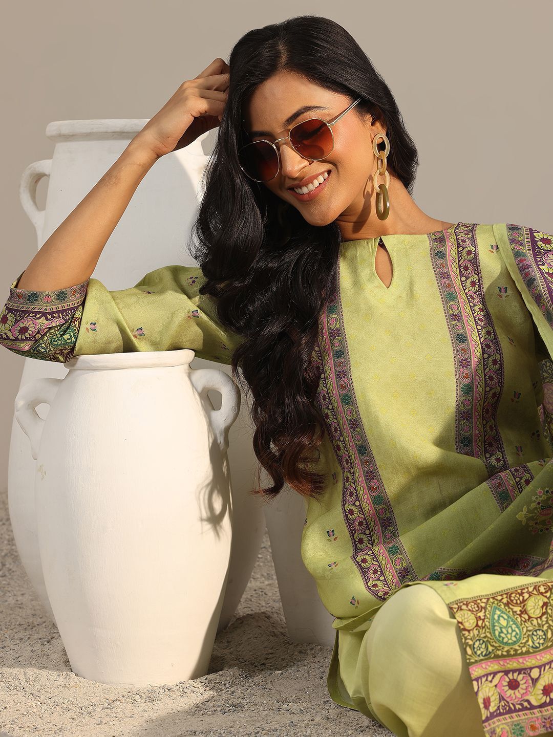 Libas Green Ethnic Motifs Printed Keyhole Neck Straight Kurta With Salwar And Dupatta