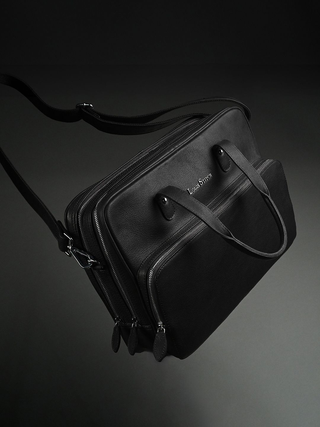 LOUIS STITCH Men Italian Milled Leather Jet Black Slim Laptop Bag-picture-28