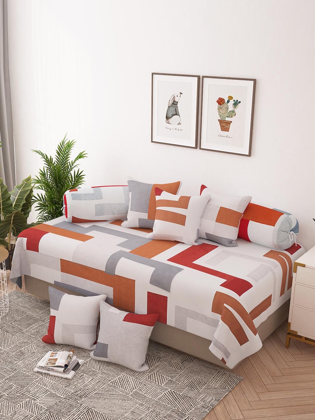 Story@home Geometric Printed 8 Pc Satin Finish Diwan Set