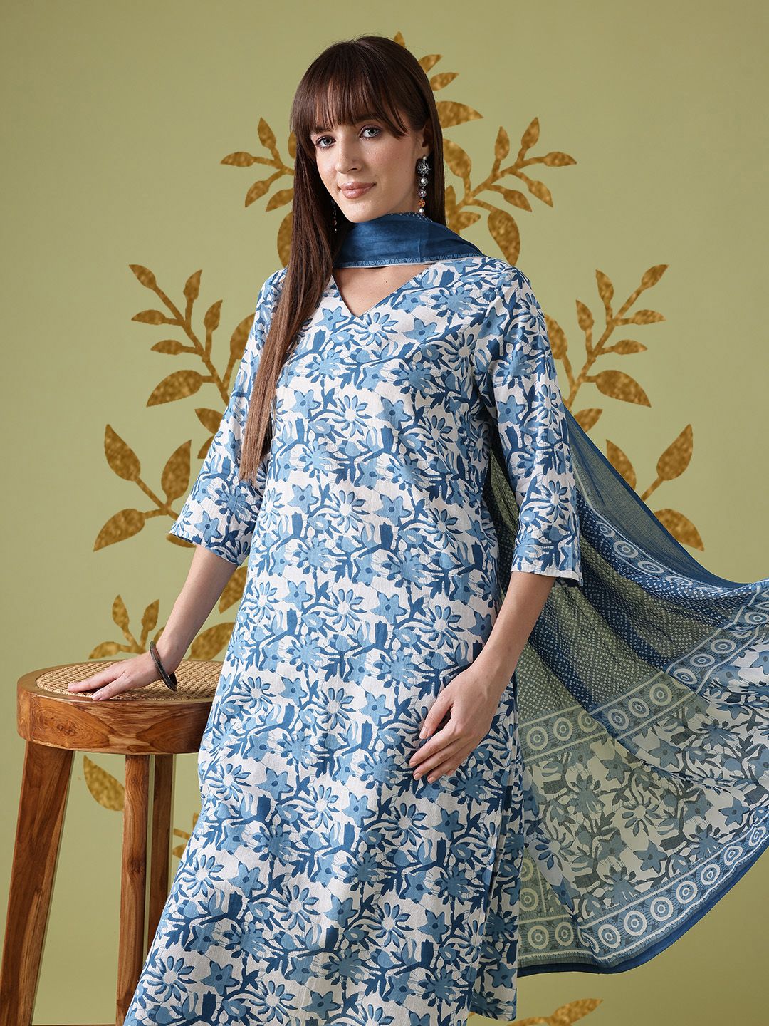 Anouk Floral Print Pure Cotton Kurta with Trousers & Dupatta