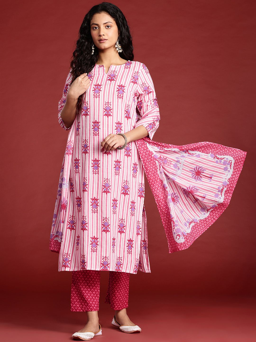 Anouk Striped Regular Cotton Kurta with Trousers & With Dupatta-picture-13