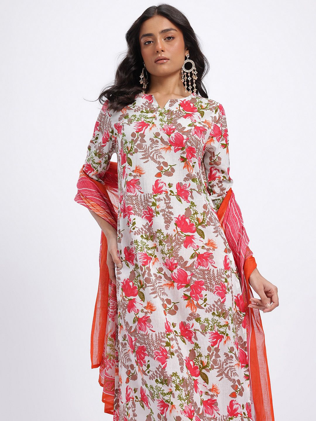 Anouk Floral Printed Pure Cotton Kurta with Trousers & Dupatta