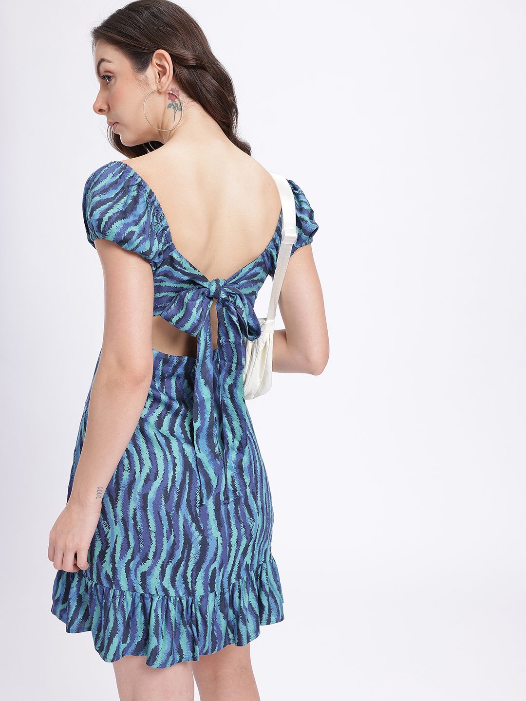glitchez Printed Puff Sleeve Empire Mini Dress