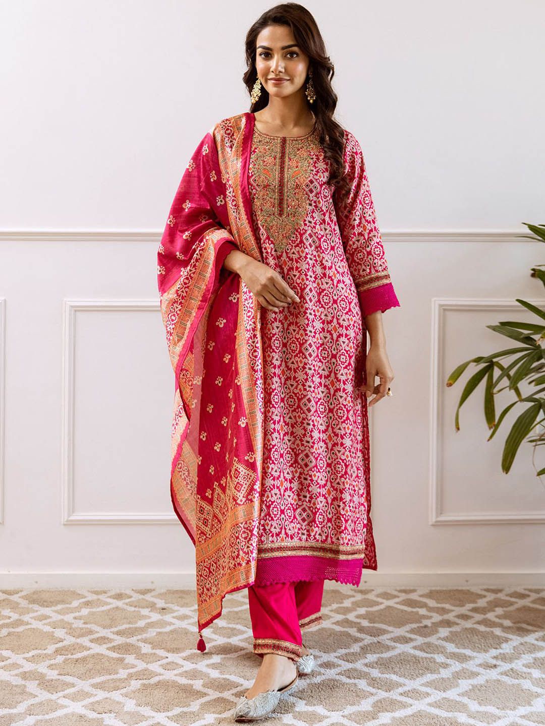 ANUBHUTEE Women's Cotton Printed Kurta Set With Palazzos & Dupatta - Ethnic Motifs, Pink, Medium - View #9