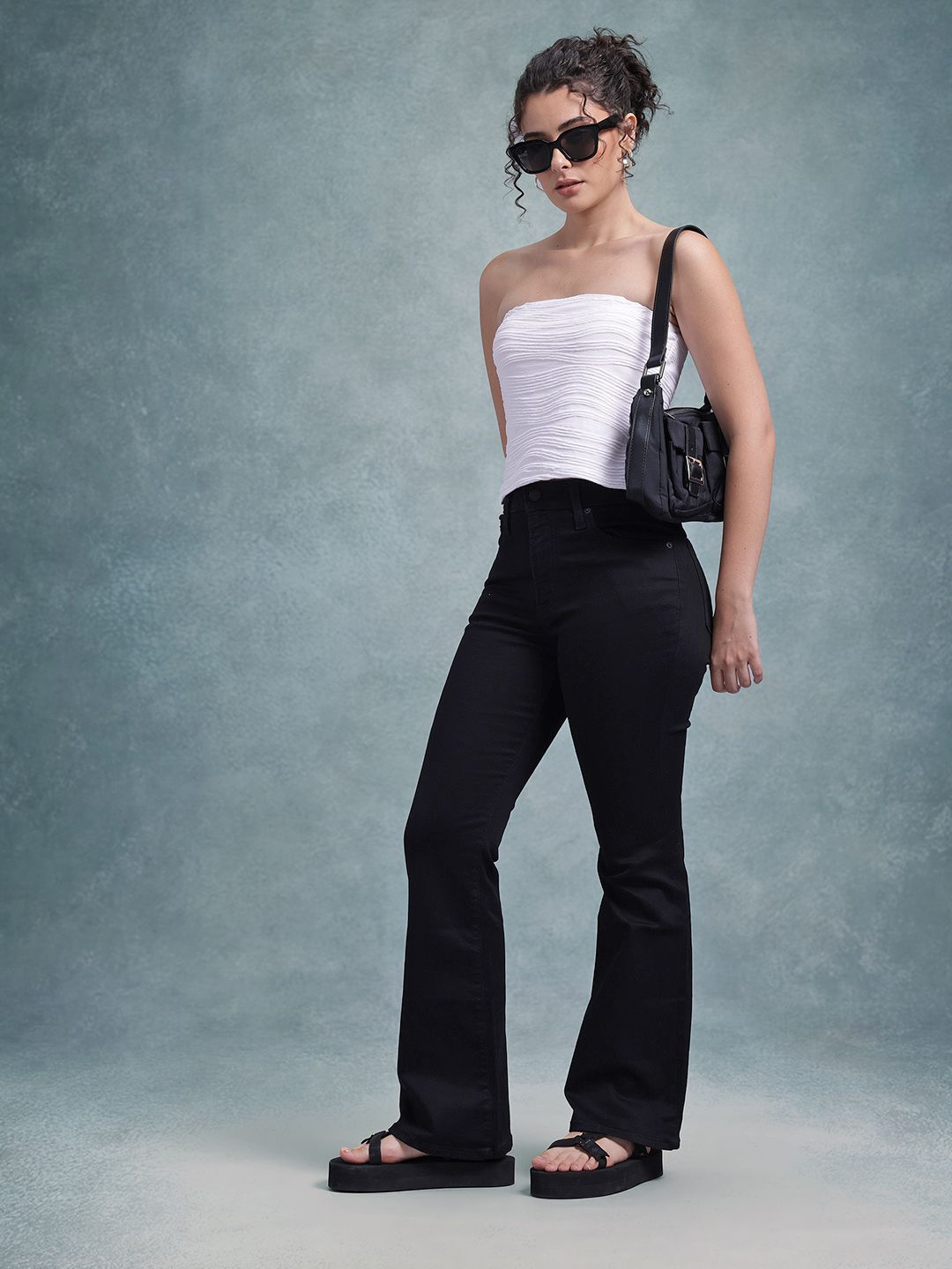 The Life Co. Off-Shoulder Self Striped Tube Crop Top view 2