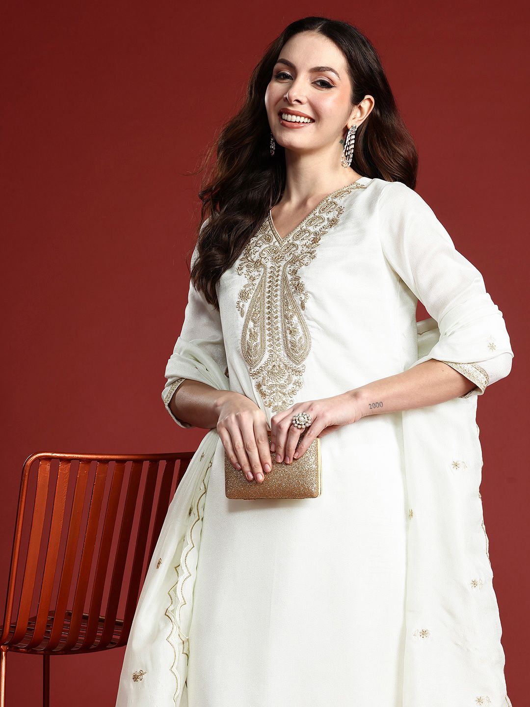 Indo Era Women Paisley Embroidered Kurta with Trousers & With Dupatta