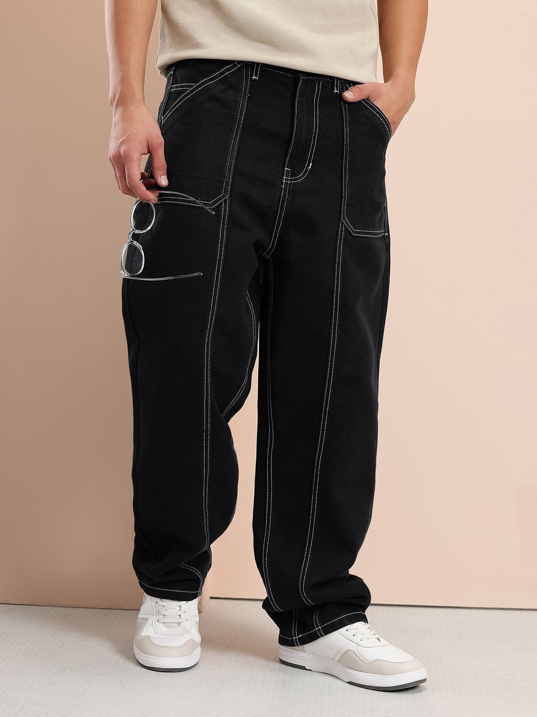 Mast & Harbour Men Front Seam Mid-Rise Pure Cotton Loose Fit Jeans with Contrast Stitch-image-46